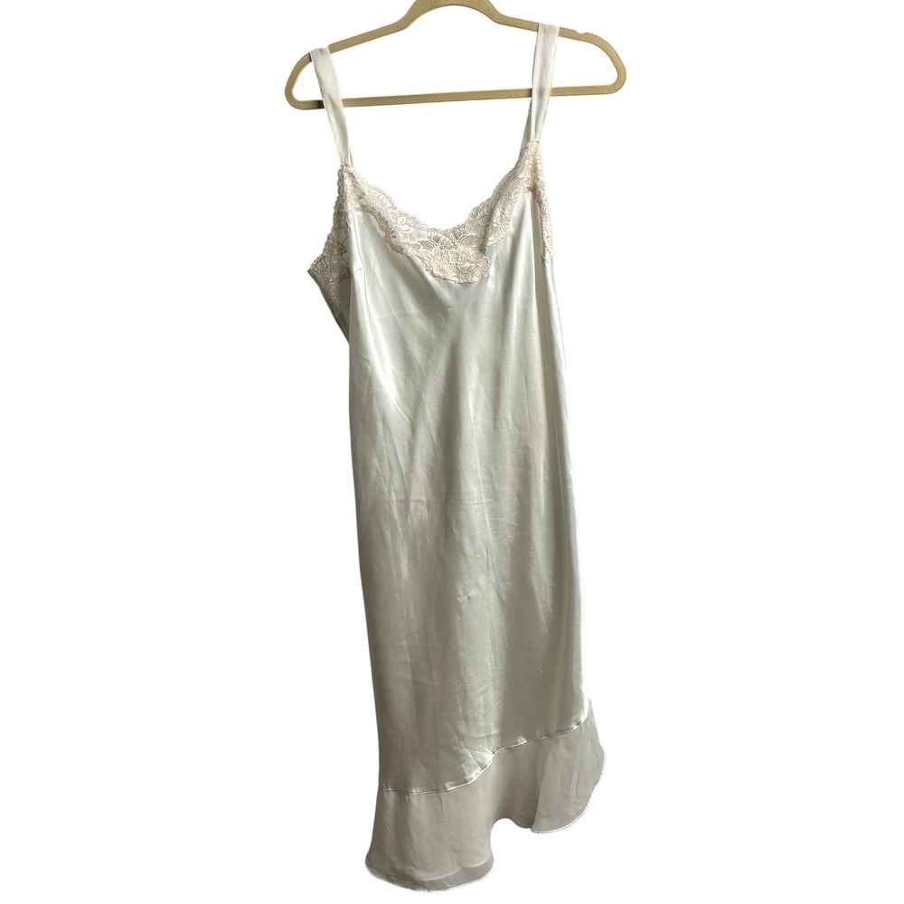 White Satin Lace Semi Sheer Trim Asymmetric Slip Dress Angel Core Glam L Angelic